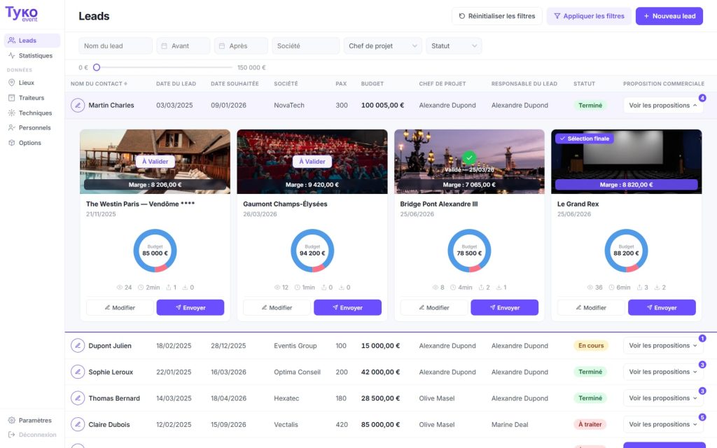 Vue de la gestion d'une opportunité commerciale dans Tyko