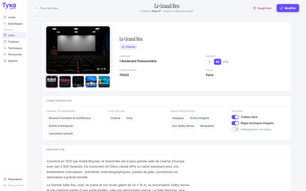 Vue d'une fiche de lieu événementiel dans Tyko