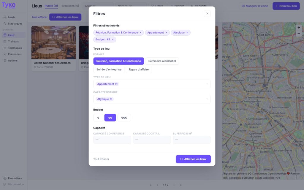 Vue des filtres permettant de filtrer la liste de lieux dans Tyko