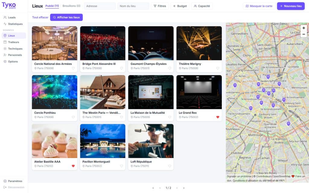 Vue de la liste des lieux et la visualisation carte dans Tyko