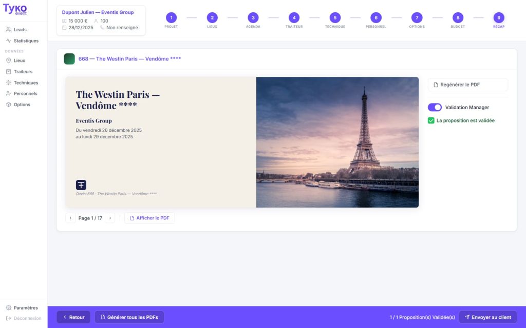 Vue de l'étape finale d'envoie d'une proposition commerciale avec Tyko